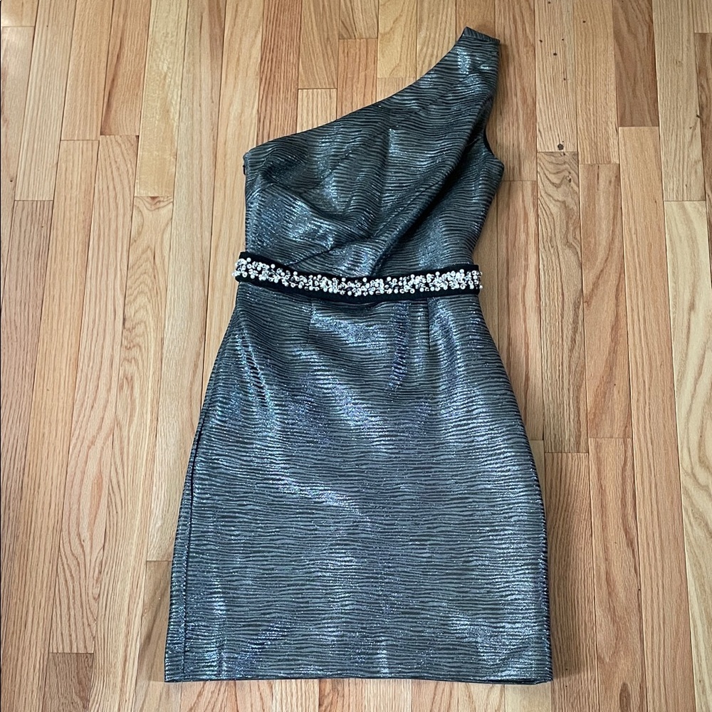 Allen B. One Shoulder Mini Dress Womens 6 Gray Metallic Rhinestone Cocktail